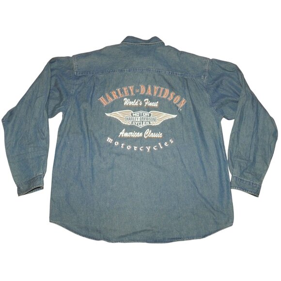 Vintage Harley-Davidson Biker Blues Embroidered Button Denim Shirt 3XL Hong Kong - Picture 1 of 9